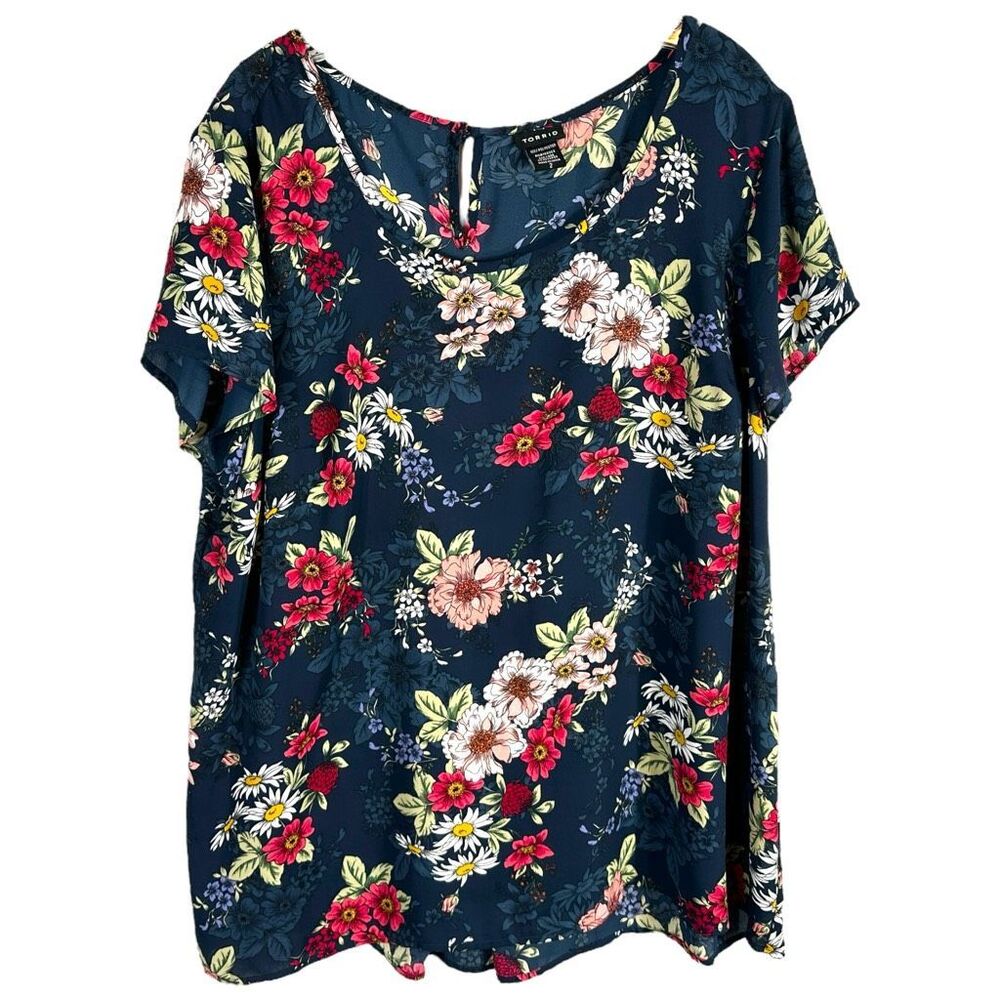 Torrid Plus Size 2X‎ Top Floral Print Georgette Pleated Back Blue Chiffon 1138